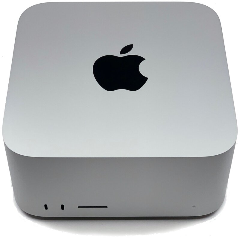 [photo of a silvery Mac Studio computer cube]